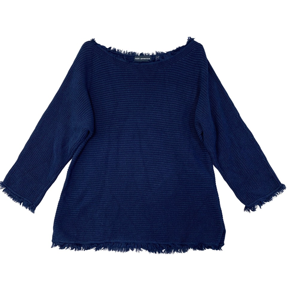 525 America Women's M Navy Blue Fringed Shaker Knit Sweater Cotton Boat neck